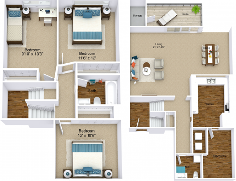 Cascade three bedroom townhome 3D floor plan